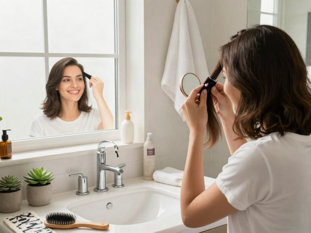 Applying scalp hair fill-ins clip ins for natural volume in a bright bathroom.
