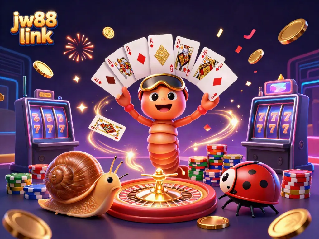 Experience lively gaming action with the jw88 link in a dynamic casino scene featuring quirky characters.