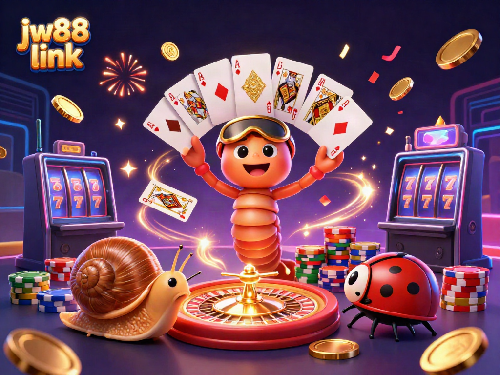 Experience lively gaming action with the jw88 link in a dynamic casino scene featuring quirky characters.