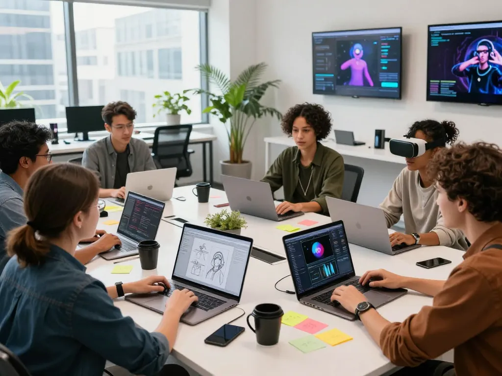 Creative team collaborating on sex AI projects in modern studio.