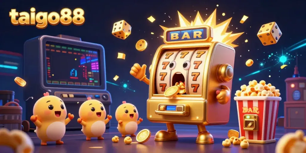 Experience the excitement of taigo88 with a golden slot machine hitting a jackpot, surrounded by cheering machines and festive elements.