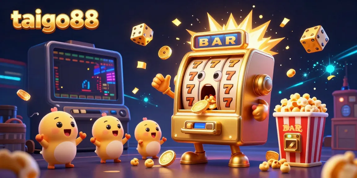 Experience the excitement of taigo88 with a golden slot machine hitting a jackpot, surrounded by cheering machines and festive elements.