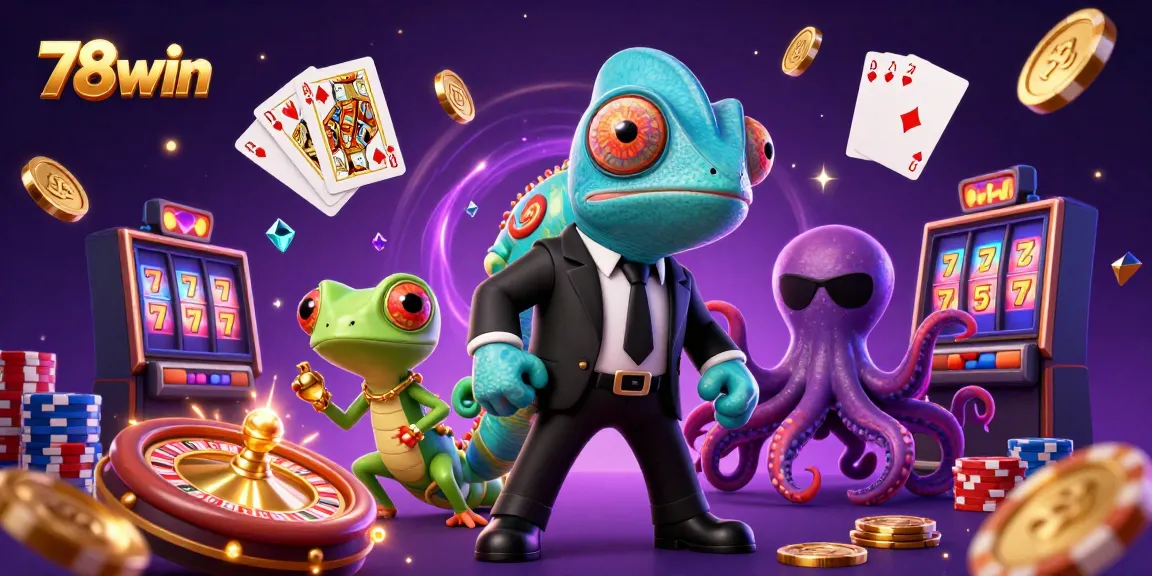 Experience the thrill of 78win with vibrant casino elements and characters in a dynamic illustration.