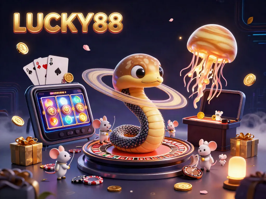 Experience thrilling gameplay with LUCKY88 in this vibrant 3D casino illustration featuring interactive elements.
