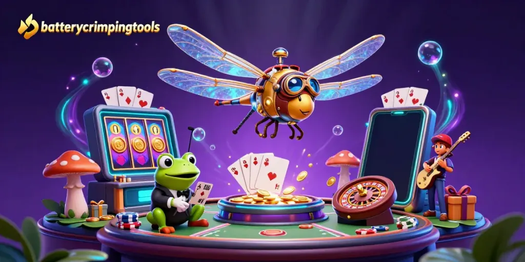 Experience exciting batterycrimpingtools in action at a vibrant lily pad casino with lively characters.