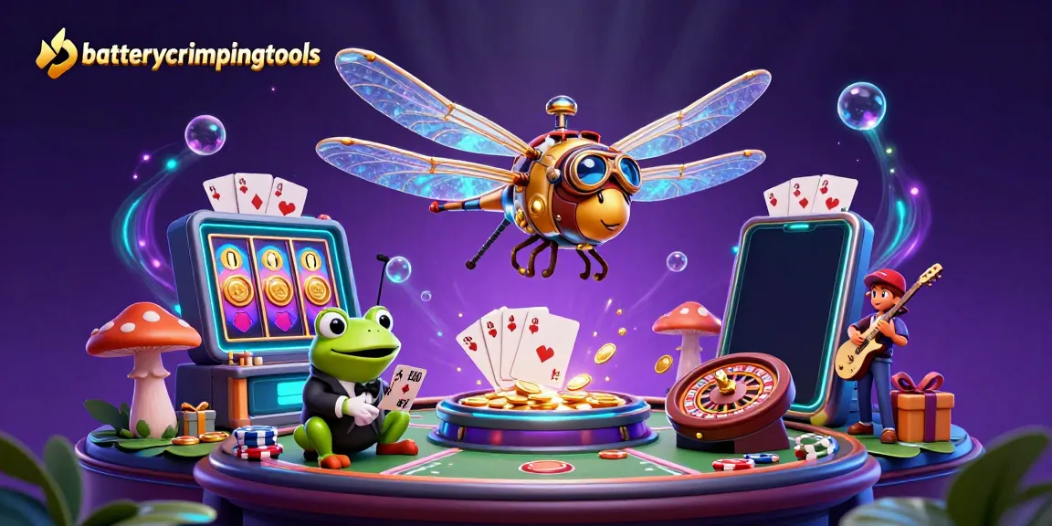 Experience exciting batterycrimpingtools in action at a vibrant lily pad casino with lively characters.