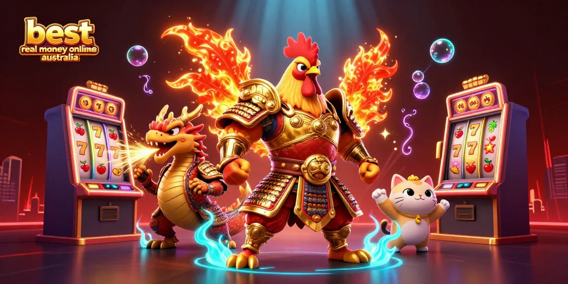 Showcasing the best real money online casinos Australia with vibrant characters amid dynamic slot game elements.