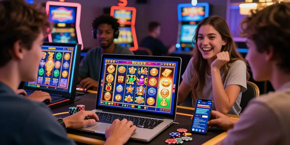 Permainan Slot online di kasino virtual dengan pemain bersemangat dan grafik mesin slot yang menarik.