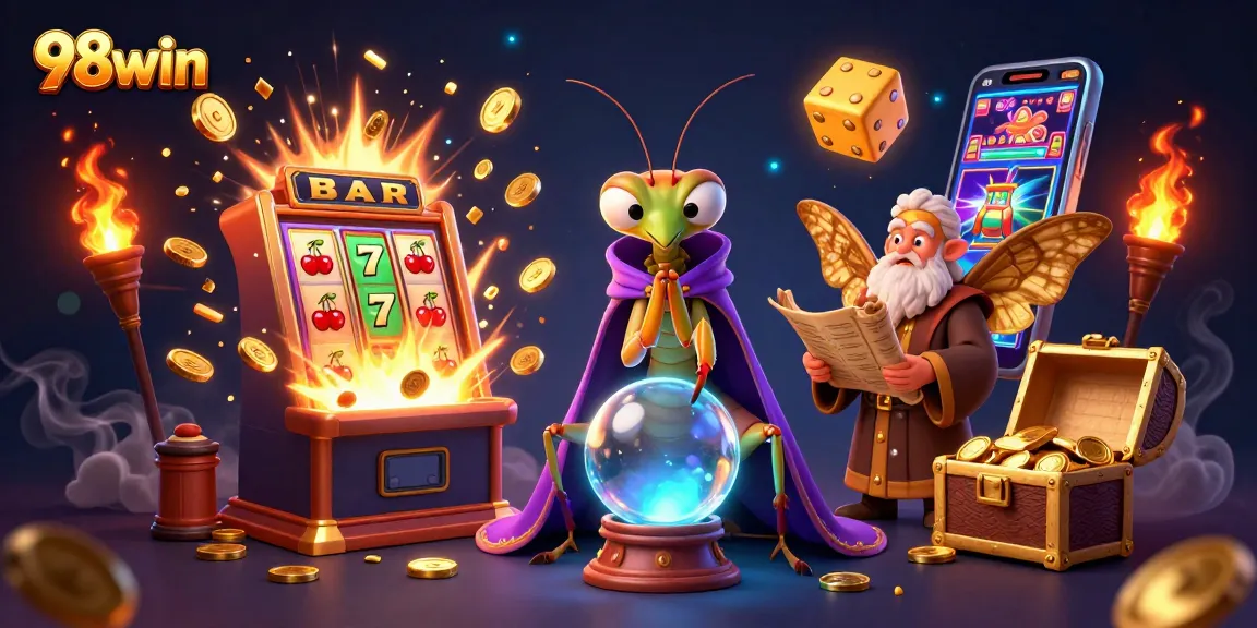 Experience thrilling wins with 98win's vibrant casino scene featuring characters and jackpots.