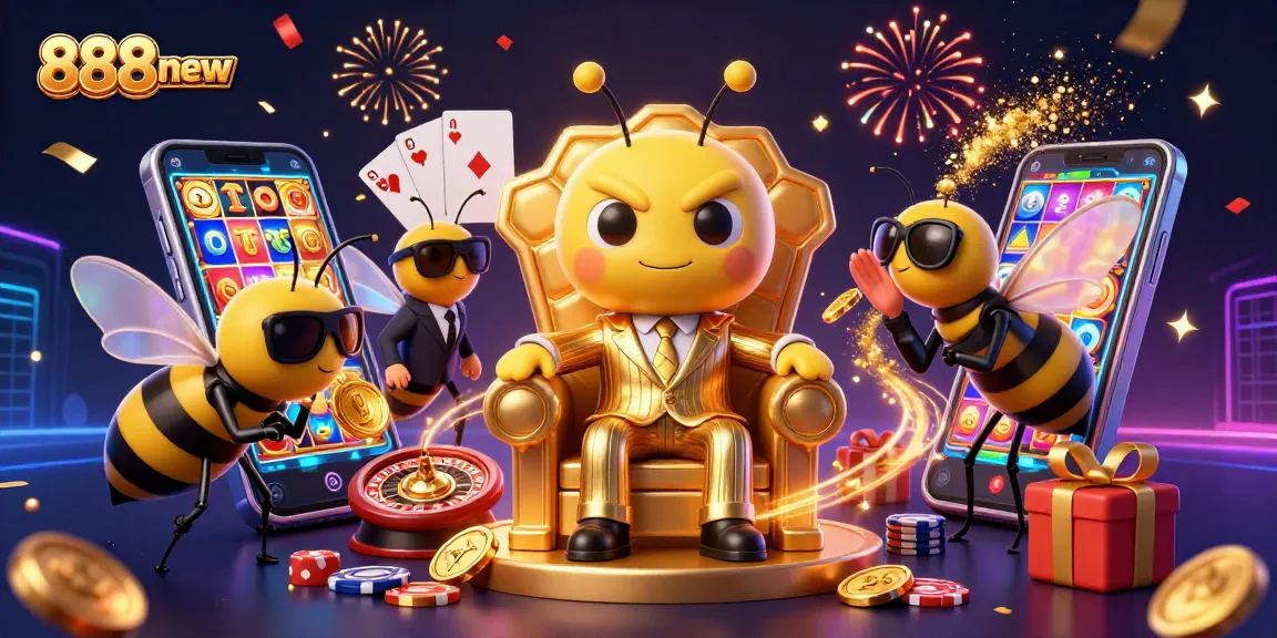 Experience 888new's vibrant casino atmosphere with a 3D bumblebee mob boss ruling over slot games and poker.