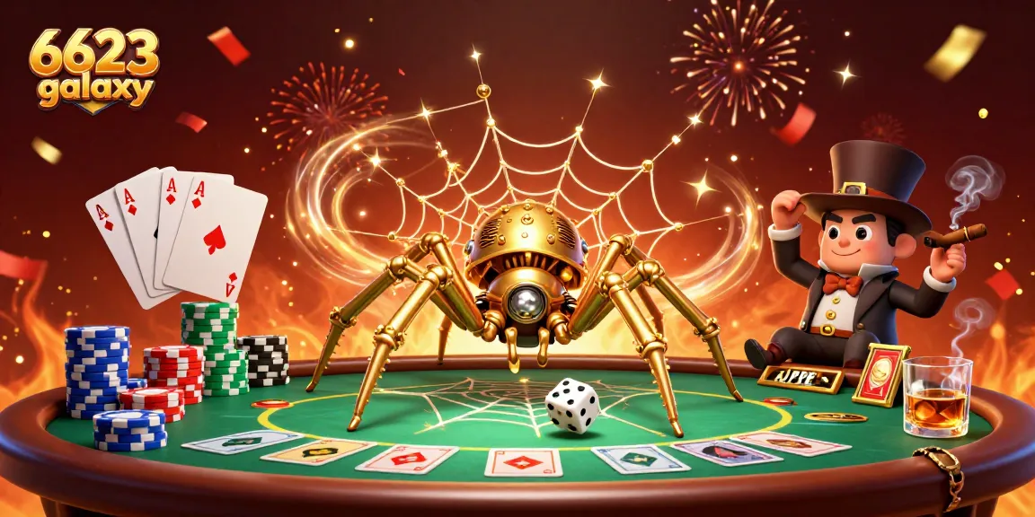 Experience the excitement of 6623 galaxy with a steampunk spider and poker-themed scene.