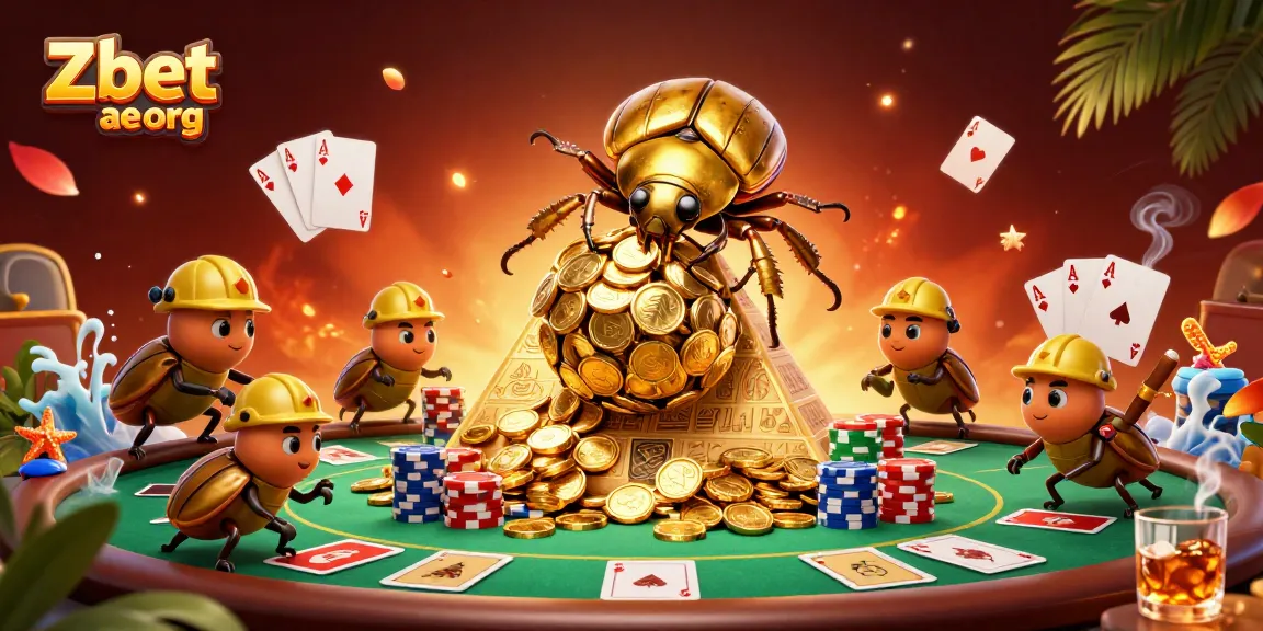 Zbet ae org captures excitement with golden beetles gaming atop a coin pyramid.