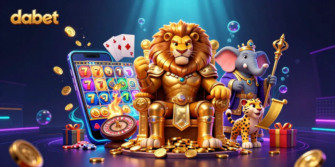 dabet's lion king presides over an exciting casino scene with golden coins and vibrant games.