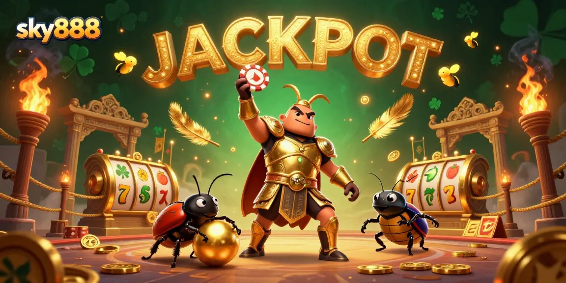 Experience the excitement of sky888 with a victory pose and vibrant jackpot celebration featuring unique characters.