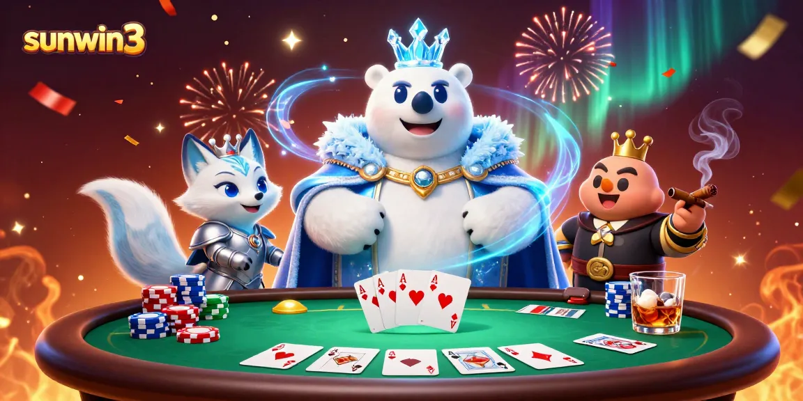 Experience thrilling poker action at sunwin3 with an ice king and snow fox amidst vibrant casino elements.
