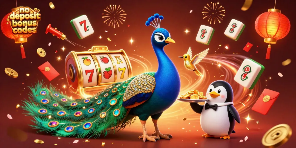 No deposit bonus codes illustration with an aristocratic peacock, penguin waiter, and hummingbird among casino symbols.