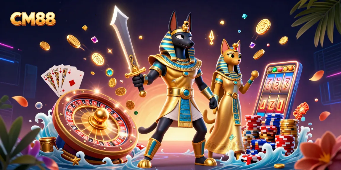 Experience epic wins at CM88 with thrilling gaming action and rich rewards, featuring Egyptian warriors and casino elements.