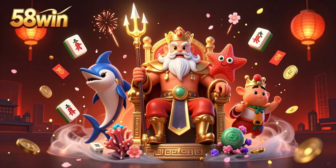 Experience the thrill of 58win with Neptune, samurai, and festive decorations in this vibrant casino scene.