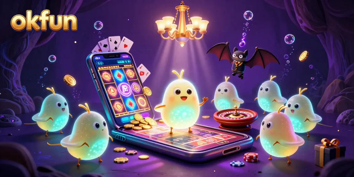 Experience remarkable wins at okfun with a vibrant 3D casino scene featuring animated glowworms and dynamic slot games.