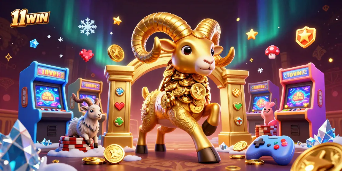 Engage with 11WIN's thrilling 3D golden ram casino illustration featuring vibrant game elements.