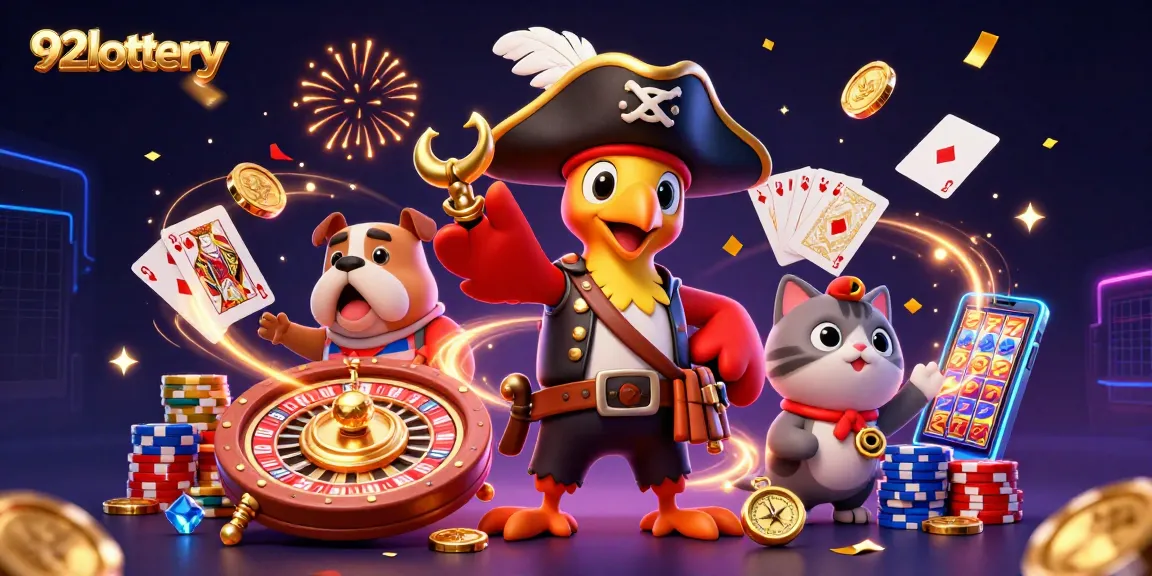 Engaging scene showcasing 92lottery with vibrant characters and casino elements celebrating online gaming.