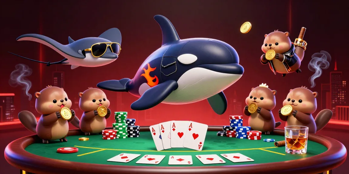 Engage with 11WIN's exciting poker scene featuring an orca in a leather jacket and otters with coins.