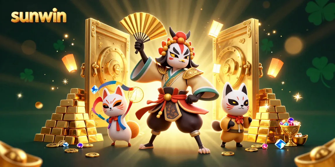 Engage in thrilling experiences on sunwin with a vibrant 3D illustration of a kabuki warrior and treasures.