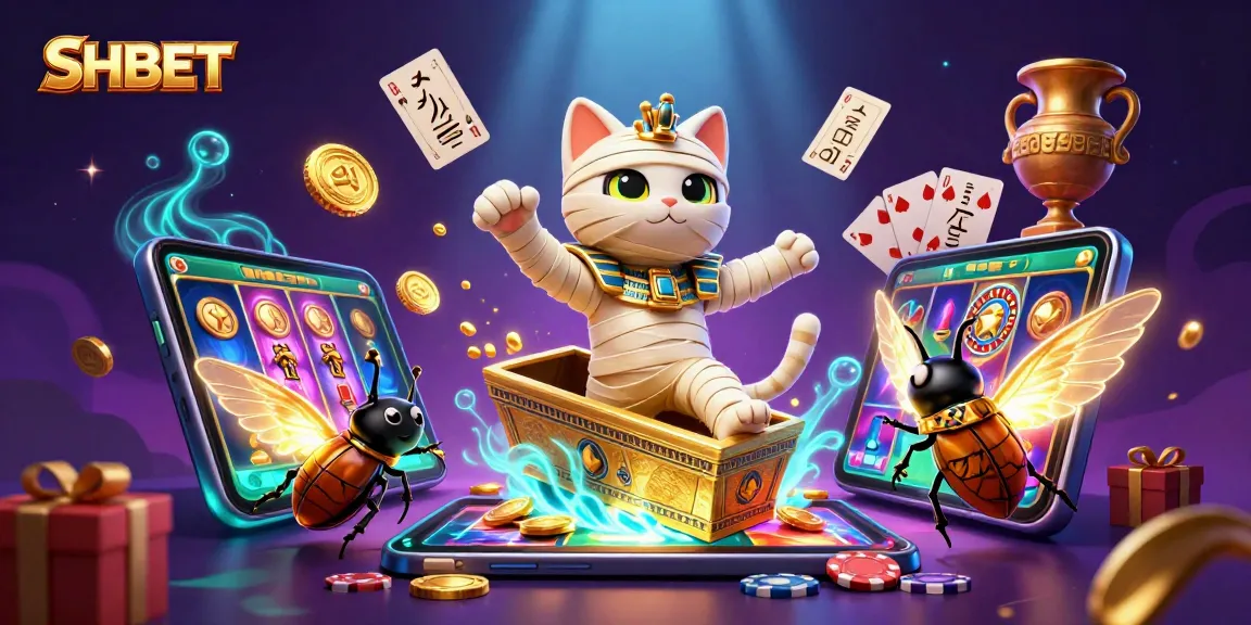 Experience the excitement of SHBET with a vibrant casino scene featuring a mummy cat, glowing elements, and engaging games.