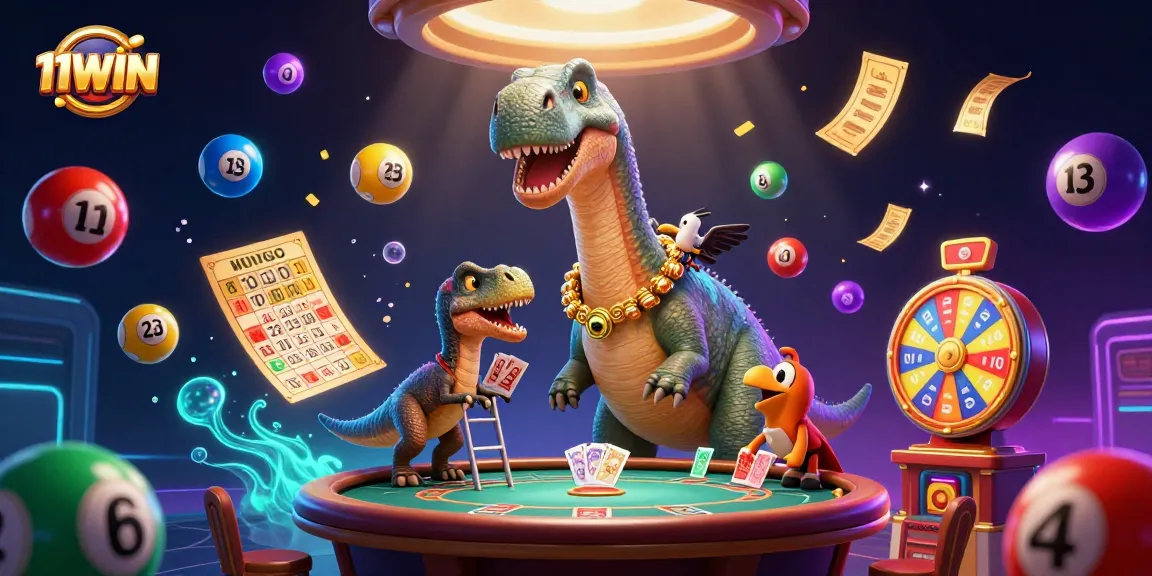 Engage with 11WIN's vibrant gaming scene featuring a towering brontosaurus and dynamic games.