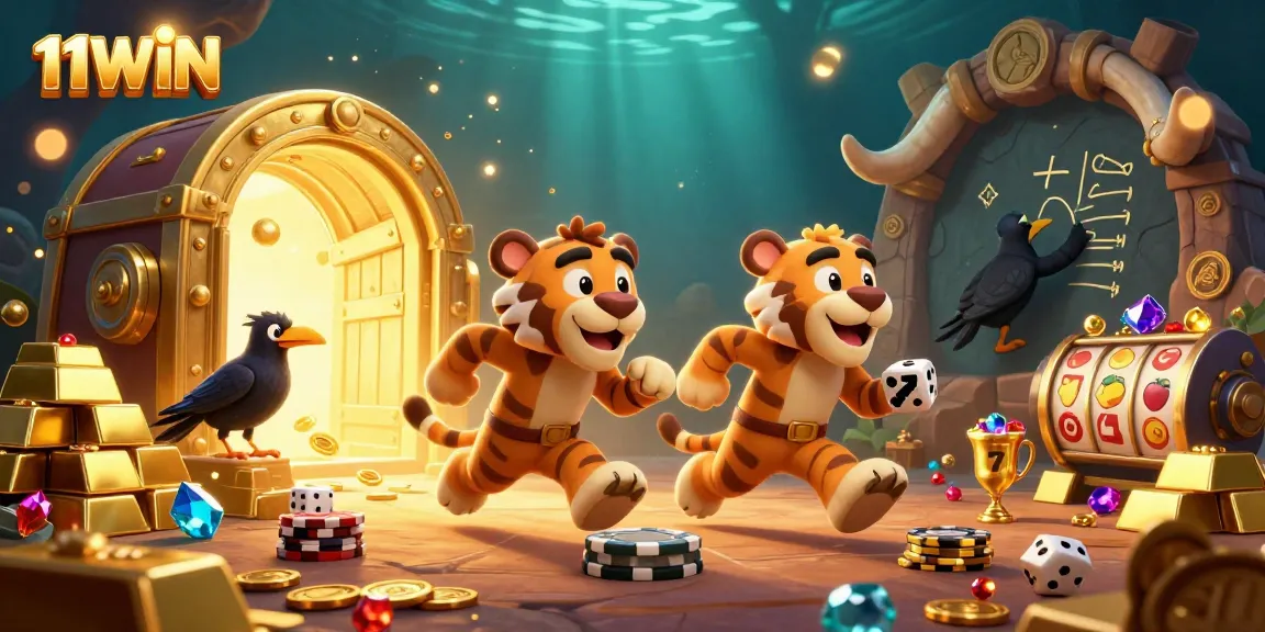 Experience thrilling wins at 11WIN's prehistoric casino with a vibrant 3D illustration of action and excitement.
