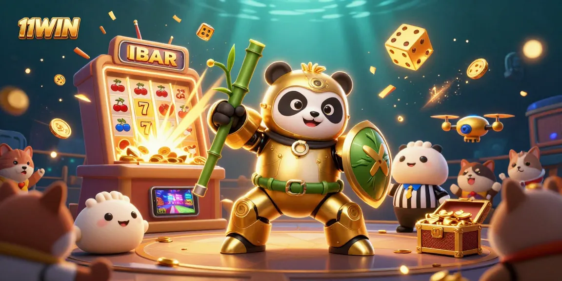 Engage with 11WIN in this action-packed casino scene featuring a golden panda and vibrant elements.