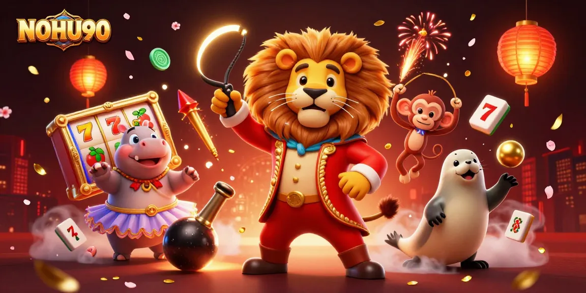 Experience the excitement of NOHU90 with a vibrant 3D casino illustration showcasing engaging game characters and elements.
