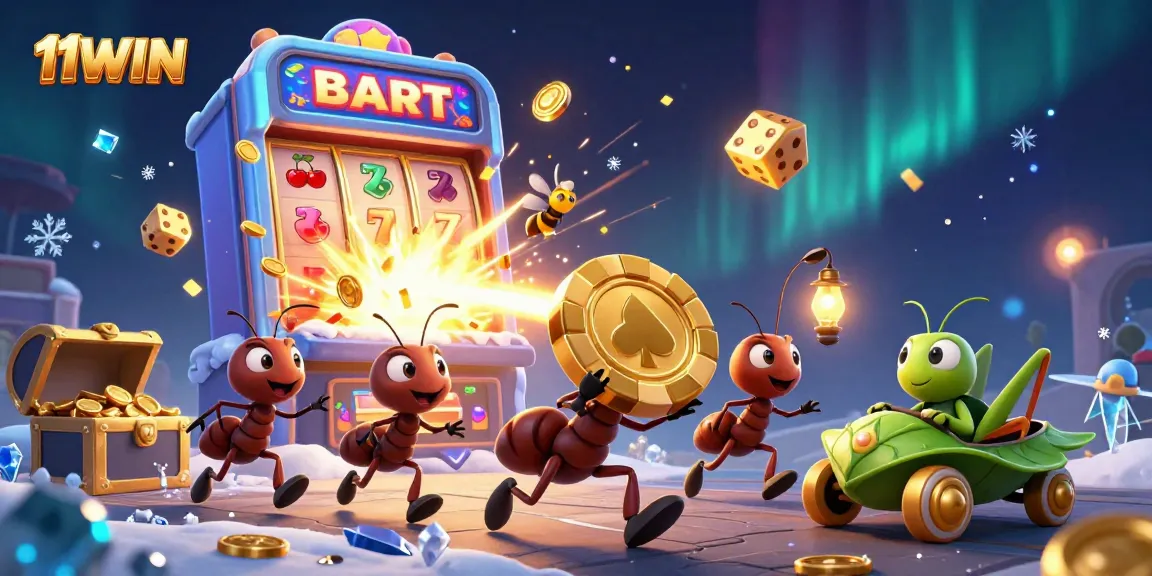 Join the thrilling adventure with 11WIN as vibrant cartoon ants carry a giant poker chip!