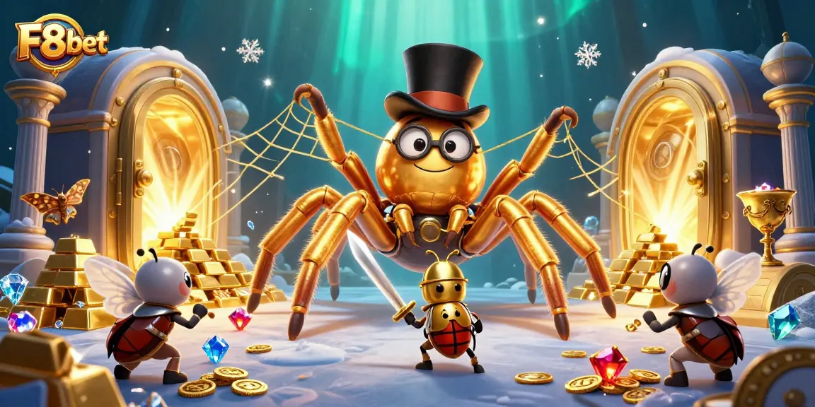 Experience the vibrant F8bet casino world with a golden tarantula and brave knights.