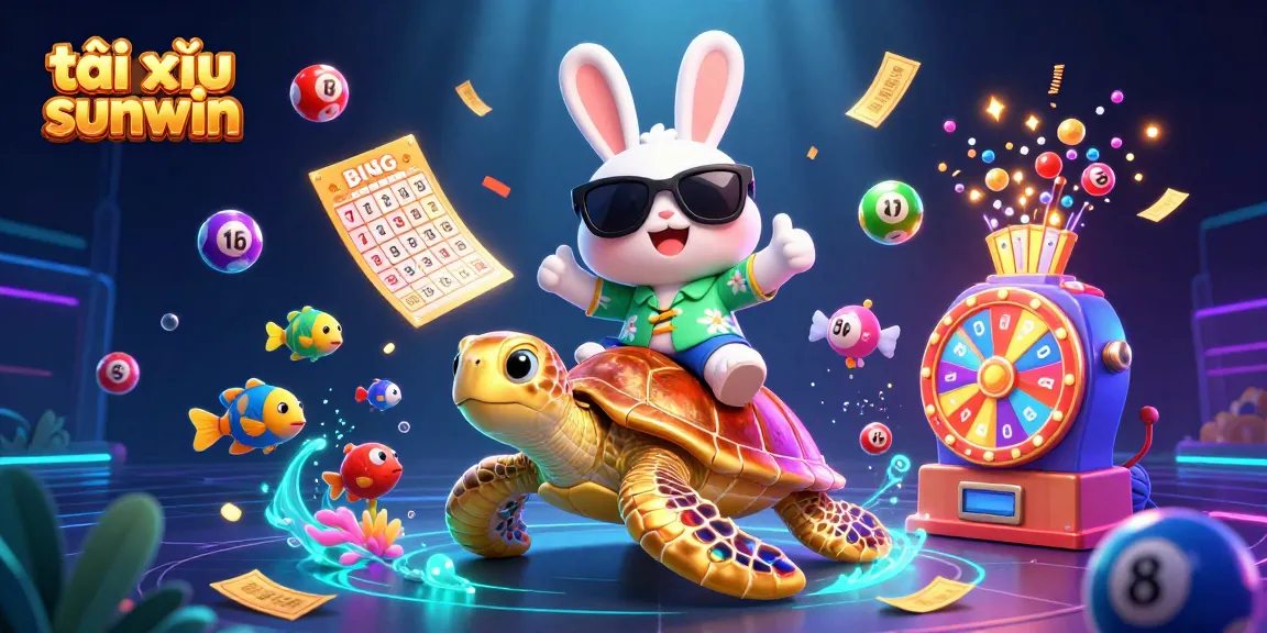 Engaging illustration showcasing tài xỉu sunwin with a lucky rabbit and golden sea turtle in a dynamic casino setting.