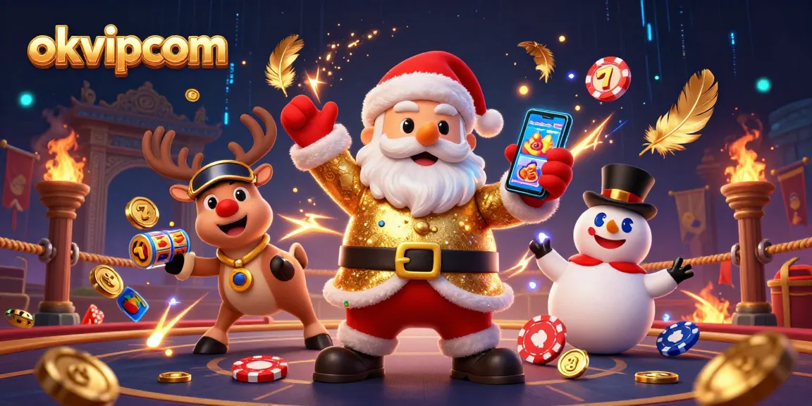 Experience jackpot thrills with okvipcom as Santa Claus spins slots surrounded by festive cheer.