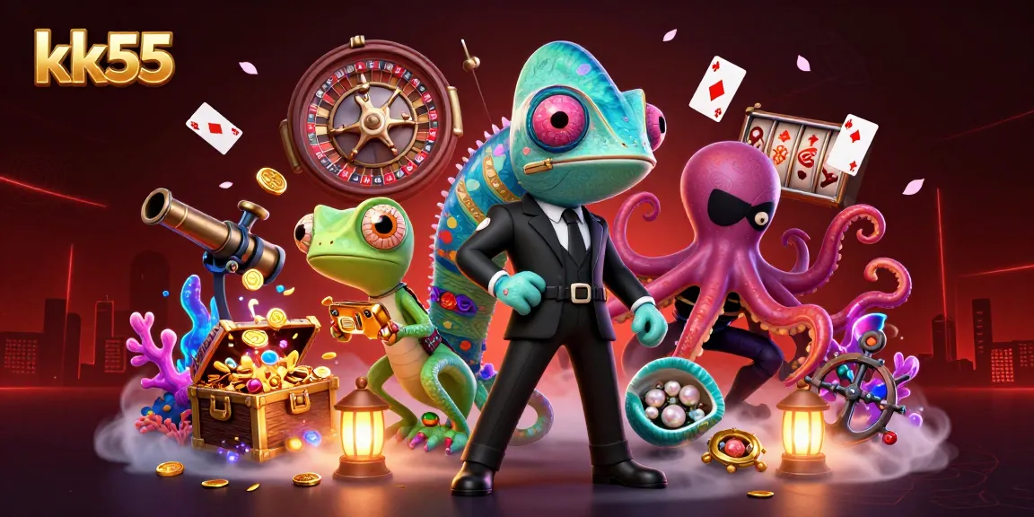 kk55 players enjoy a thrilling scene with secret agent chameleon, gecko Q, and octopus amidst roulette, slot reels, and gold coins