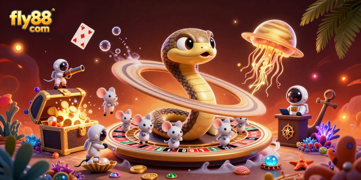 Engage with the thrill of gaming at fly88 com, featuring cartoon casino characters amidst vivid cosmic elements.