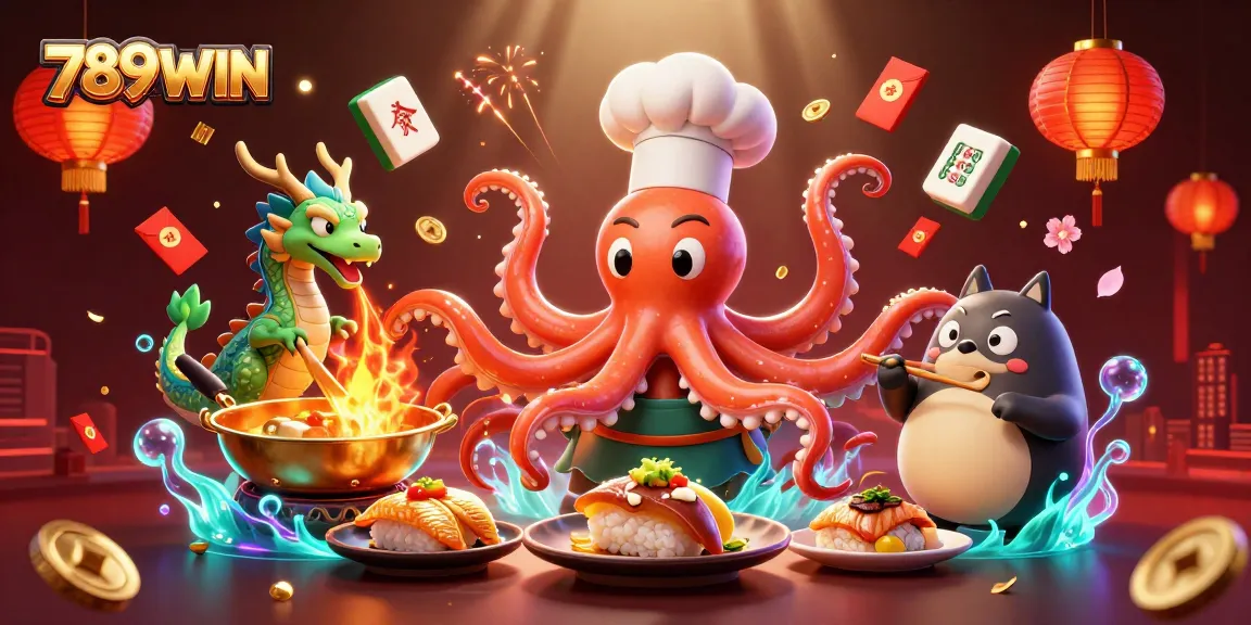 Engage with thrilling slots at 789WIN featuring a sushi chef octopus and fire-breathing dragon.