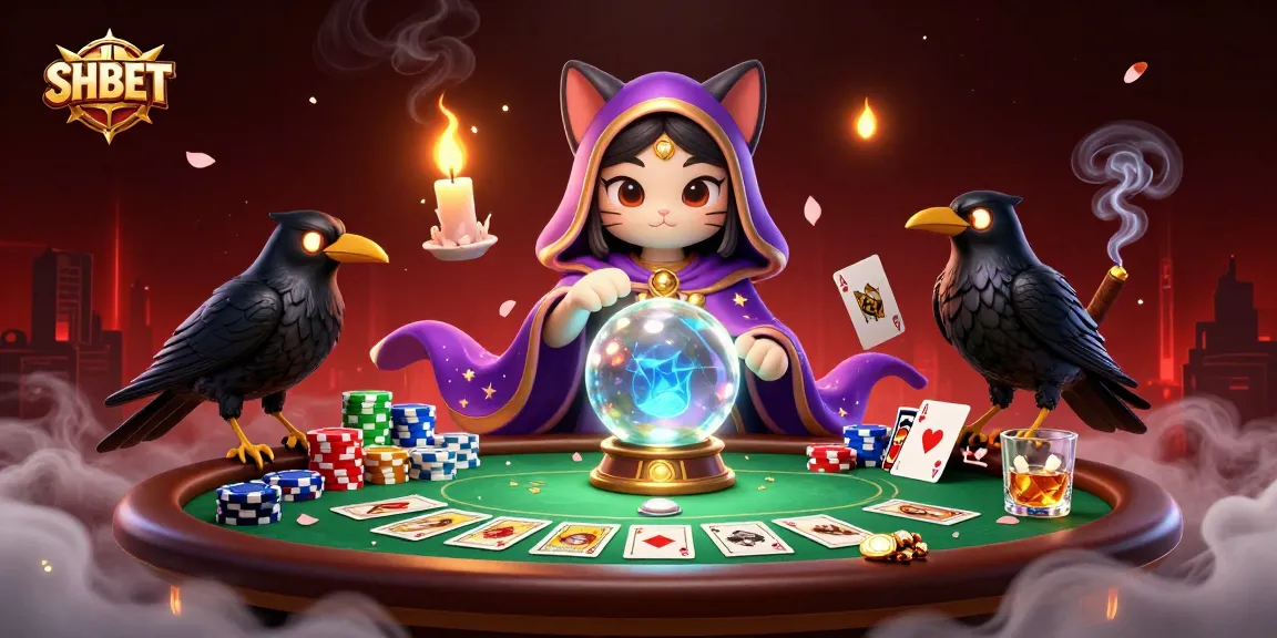 Play exciting games at SHBET with a mystical cat and raven surrounded by vibrant poker elements.