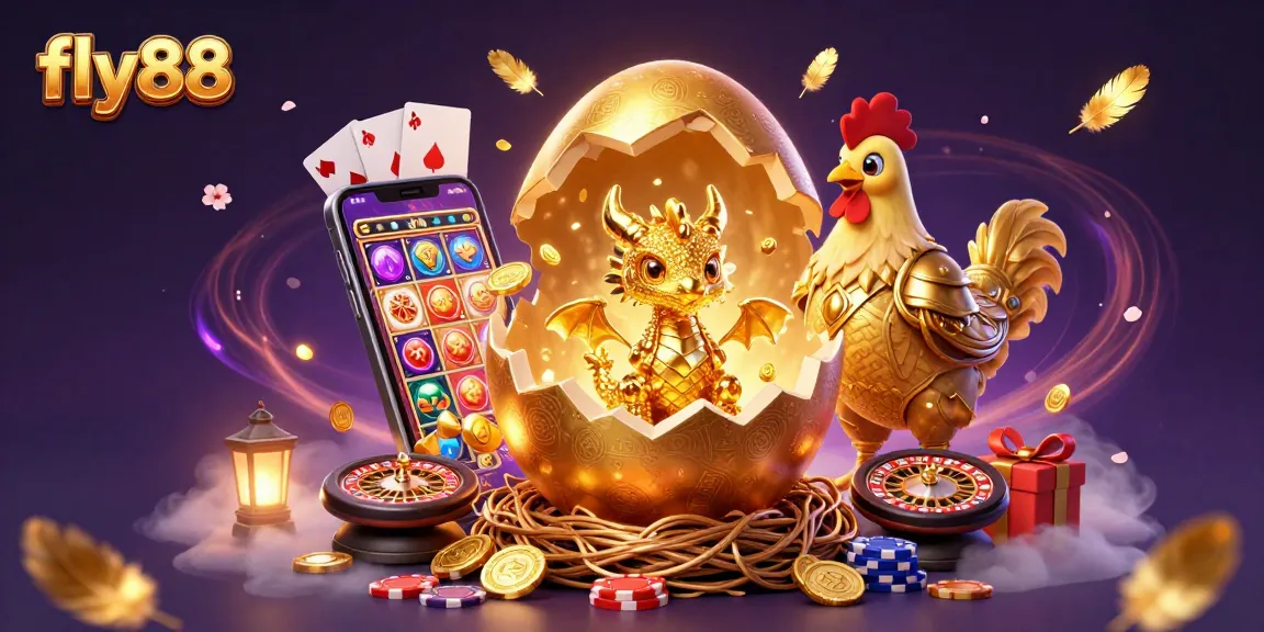 Experience the thrill of fly88 with a golden dragon emerging from a nest of poker chips amidst casino games.